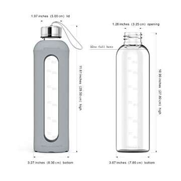 32 Oz Glass Water Bottle With Silicone Sleeve Leak Proof Lid 1L Time Marked Measurements BPA-Free For To-Go Travel At Home Reusable Eco Friendly Safe For Hot Liquids Tea Coffee Daily Intake (Gray)