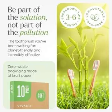 VIVAGO Biodegradable Bamboo Toothbrushes 10 Pack - BPA Free Soft Bristles Toothbrushes, Eco-Friendly, Compostable Natural Wooden Toothbrush