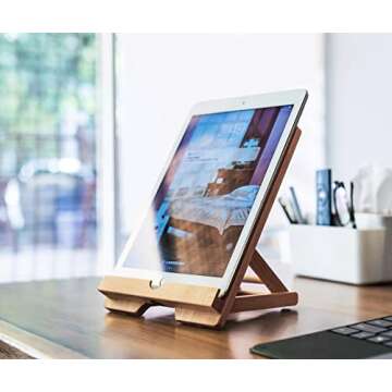 Bamboo Tablet Stand Holder Adjustable Folding Wood iPad Stand with Chargeable Hole for Desk iPad Cooking Stand