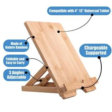 Bamboo Tablet Stand Holder Adjustable Folding Wood iPad Stand with Chargeable Hole for Desk iPad Cooking Stand