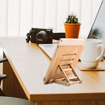 Bamboo Tablet Stand Holder Adjustable Folding Wood iPad Stand with Chargeable Hole for Desk iPad Cooking Stand