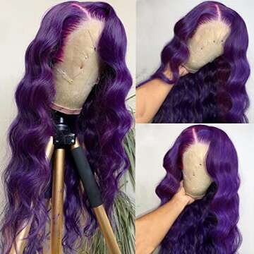 YMS Purple Lace Front Wigs Human Hair 200% Density Purple Human Hair Wigs for Women Body Wave 13x4 Transparent Lace Frontal Wigs Human Hair Pre Plucked 26 Inch Colored Gluless Wigs
