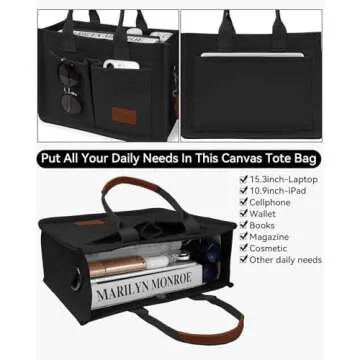 VOFANK Canvas Tote Bag for Women with Pockets Large Crossbody Bag Satchel Bag Handbag Everything Everyday Bag for Work Daily (Black, Medium)