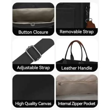 VOFANK Canvas Tote Bag for Women with Pockets Large Crossbody Bag Satchel Bag Handbag Everything Everyday Bag for Work Daily (Black, Medium)
