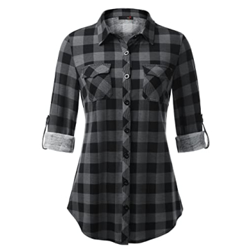 DJT Women's Soft Stretchy Knit Plaid Shirt - Long Sleeve Collared Blouse