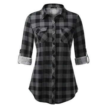 DJT Women's Soft Stretchy Knit Plaid Shirt - Long Sleeve Collared Blouse