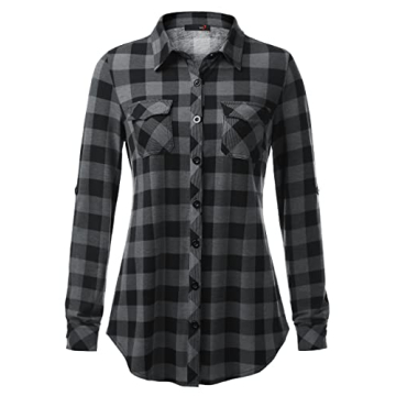 DJT Women's Stretchy Knit Plaid Long Sleeve Shirt
