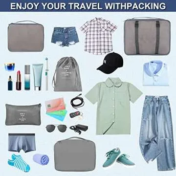 6 Set Packing Cubes for Suitcases, kingdalux Grey Travel Luggage Packing Organizers with Laundry Bag, Compression Storage Shoe Bag, Clothing Underwear Bag, for Man & Women