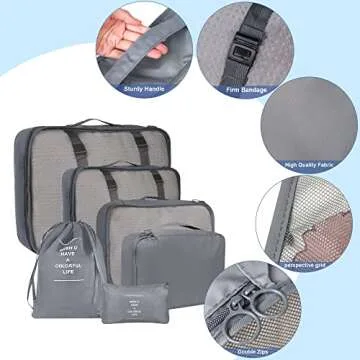 6 Set Packing Cubes for Suitcases, kingdalux Grey Travel Luggage Packing Organizers with Laundry Bag, Compression Storage Shoe Bag, Clothing Underwear Bag, for Man & Women