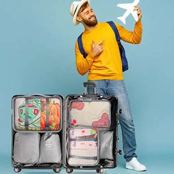 6 Set Packing Cubes for Suitcases, kingdalux Grey Travel Luggage Packing Organizers with Laundry Bag, Compression Storage Shoe Bag, Clothing Underwear Bag, for Man & Women