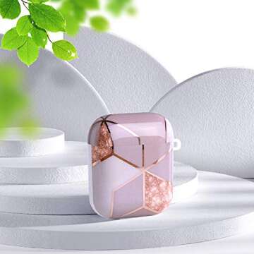 Hamile Case Cover for Apple Airpods 2 & 1, Cute 2-Peice Fadeless Shockproof Hard Case with Portable Keychain for Girls Women Men - Pink Geometric