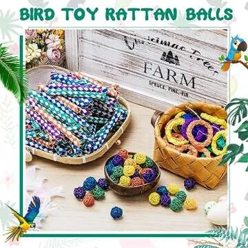 Hiboom 200 Pcs Bird Toys with 100 Finger Traps 60 Rattan Balls Parrot Wicker Balls and 40 Bird Vine Rings, Cockatiel Toys Parakeet Chewing Toys Pet Cage Toys for Budgies, Cockatoos, Parakeets