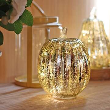 Mercury Glass Pumpkin Light with Timer for Halloween Pumpkin Decorations Fall and Thanksgiving Decor, Sliver,7.5 inches