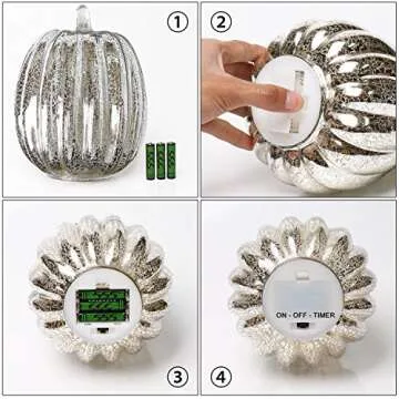 Mercury Glass Pumpkin Light with Timer for Halloween Pumpkin Decorations Fall and Thanksgiving Decor, Sliver,7.5 inches