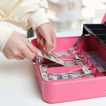 Jssmst Cash Box with Money Tray and Lock - Pink Cash Box with Key Lock Safe Money Box Large, Locking...