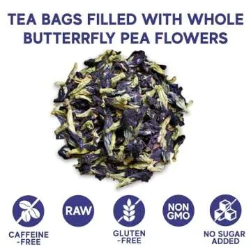 Sou Zen Butterfly Pea Flowers 35 Corn-fiber Pyramid Tea Bags | Premium Quality | Natural, Raw Drink Mix w/Antioxidants, Organic Nootropics | Thai Herbal