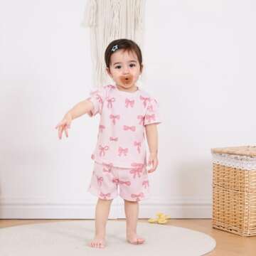 NZNDSHD Toddler Baby Girl Clothes Summer Bow Print T-Shirt Shorts Set in Pink