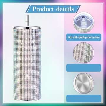 Tessco 2 Pcs Bling Tumbler 20oz Rhinestone Cup Christmas Gift Cup Glitter Diamond Bottle with Lid and Straw Stainless Steel Bling Thermal Water Bottle for Women (Silver, Pink)