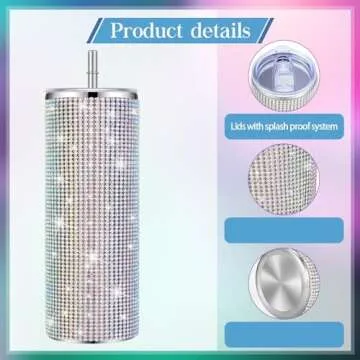 Tessco 2 Pcs Bling Tumbler 20oz Rhinestone Cup Christmas Gift Cup Glitter Diamond Bottle with Lid and Straw Stainless Steel Bling Thermal Water Bottle for Women (Silver, Pink)