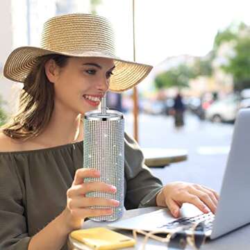 Tessco 2 Pcs Bling Tumbler 20oz Rhinestone Cup Christmas Gift Cup Glitter Diamond Bottle with Lid and Straw Stainless Steel Bling Thermal Water Bottle for Women (Silver, Pink)