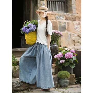 UQJE Women's Wide Leg Baggy Jeans Plus Size Loose Elastic Waist Denim Pants with Deep Pockets Light Blue