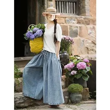 UQJE Women's Wide Leg Baggy Jeans Plus Size Loose Elastic Waist Denim Pants with Deep Pockets Light Blue