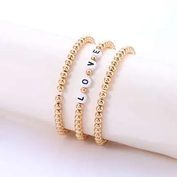CEALXHENY Beaded Bracelets Stackable Brass Bead Ball Chain Bracelets for Women LOVE Letter Stretch Bracelet Bangles for Men Women Holiday Valentine’s Gift (Letter LOVE)