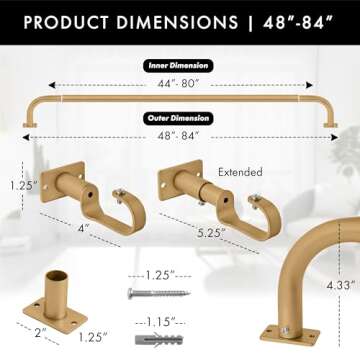 Meriville 1-Inch Diameter Wrap Around Blackout Curtain Rod, 48-Inch to 84-Inch, Gold Finish