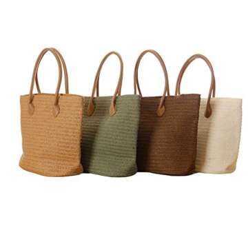 Women's Classic Straw Summer Beach Shoulder Bag Handbag Tote With PU Leather Straps Handmade Purse, White, Medium