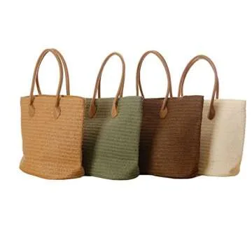 Women's Classic Straw Summer Beach Shoulder Bag Handbag Tote With PU Leather Straps Handmade Purse, White, Medium