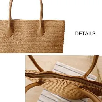 Women's Classic Straw Summer Beach Shoulder Bag Handbag Tote With PU Leather Straps Handmade Purse, White, Medium
