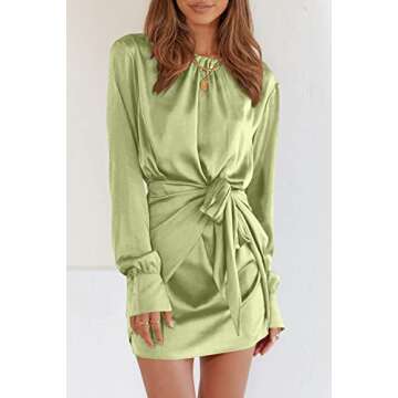 PRETTYGARDEN Women's Spring Satin Dress Long Sleeve Tie Waist Elegant Cocktail Party Mini Fall Dresses(Tender Green,Small)