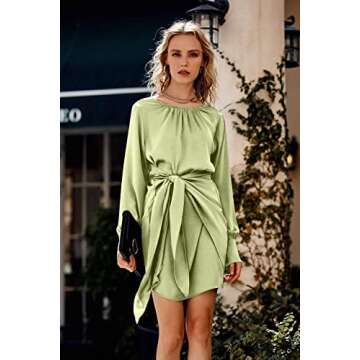 PRETTYGARDEN Women's Spring Satin Dress Long Sleeve Tie Waist Elegant Cocktail Party Mini Fall Dresses(Tender Green,Small)