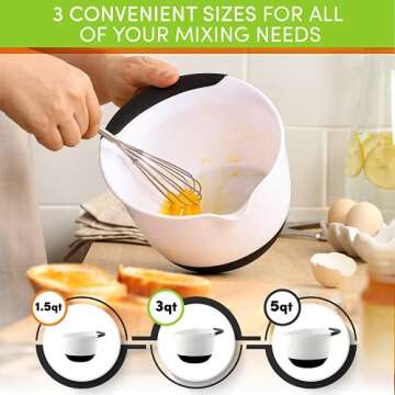 Spring Chef - Mixing Bowls with Soft Grip Handles, Prep Bowls for Baking and Cooking, Mixing Bowl with Pour Spout and Non-skid Bottom, Set of 3, White