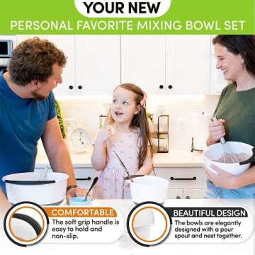 Spring Chef - Mixing Bowls with Soft Grip Handles, Prep Bowls for Baking and Cooking, Mixing Bowl with Pour Spout and Non-skid Bottom, Set of 3, White