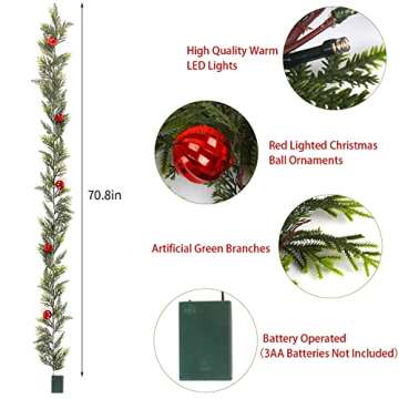 CCINEE 6FT Christmas Garland with Lights Prelit Artificial Xmas Garland with 20 LED Battery Operated...