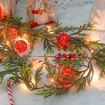 CCINEE 6FT Christmas Garland with Lights Prelit Artificial Xmas Garland with 20 LED Battery Operated Lighted Spruce Garland with Red Christmas Ball for Christmas Tree Home Wall Decor Party Supply