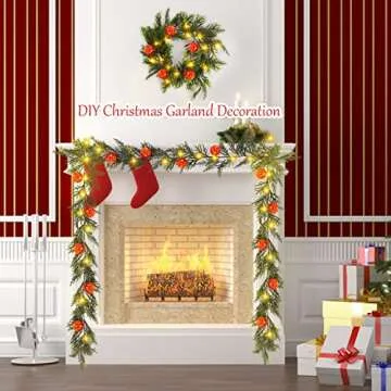CCINEE 6FT Christmas Garland with Lights Prelit Artificial Xmas Garland with 20 LED Battery Operated Lighted Spruce Garland with Red Christmas Ball for Christmas Tree Home Wall Decor Party Supply