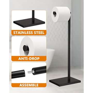 Free Standing Bathroom Toilet Paper Holder Stand with Reserve, Stainless Steel Pedestal Tissue Roll Holder, Black DECLUTTR
