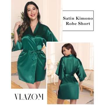 Vlazom Women's Kimono Robes Short Satin Silk Bridal Party Robe with Oblique V-Neck