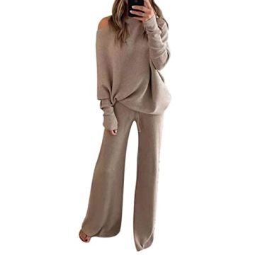 Women's Solid Knitted Two Piece Sets Winter Sexy Off Shoulder Bat Long Sleeve Pullovers Tops Casual Suits Apricot Medium
