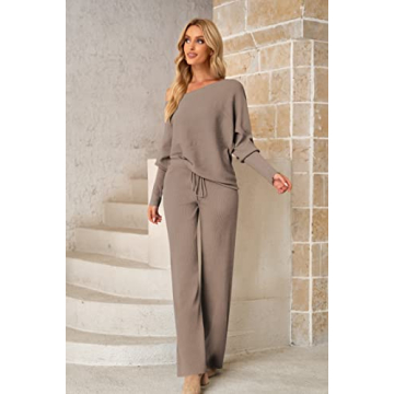 Women's Solid Knitted Two Piece Sets Winter Sexy Off Shoulder Bat Long Sleeve Pullovers Tops Casual Suits Apricot Medium