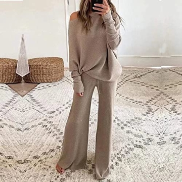 Women's Solid Knitted Two Piece Sets Winter Sexy Off Shoulder Bat Long Sleeve Pullovers Tops Casual Suits Apricot Medium