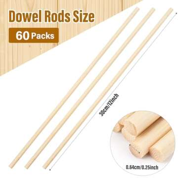 60Pcs Wooden Dowel Rods 1/4 x 12 Inch Precut Wooden Rod Sticks, Wood Sticks for Crafts, Natural Wood...