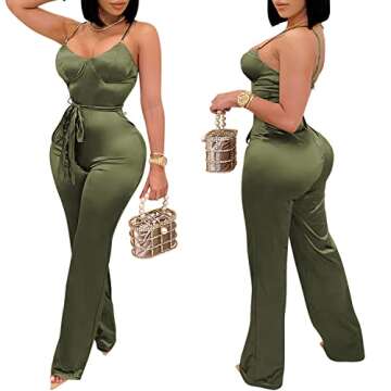 CUTUBLY Women's Bodycon V Neck Solid Color Spaghetti Strap Waistband Jumpsuit Romper(3717,Green,XL)