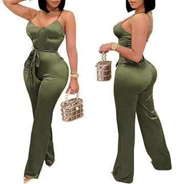 CUTUBLY Women's Bodycon V Neck Solid Color Spaghetti Strap Waistband Jumpsuit Romper(3717,Green,XL)