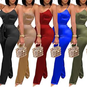 CUTUBLY Women's Bodycon V Neck Solid Color Spaghetti Strap Waistband Jumpsuit Romper(3717,Green,XL)