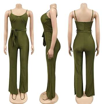 CUTUBLY Women's Bodycon V Neck Solid Color Spaghetti Strap Waistband Jumpsuit Romper(3717,Green,XL)