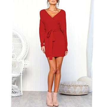 Mansy Women's Sexy Cocktail Batwing Long Sleeve Backless Mock Wrap Knit Sweater Mini Dress Red