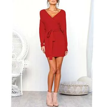 Mansy Women's Sexy Cocktail Batwing Long Sleeve Backless Mock Wrap Knit Sweater Mini Dress Red